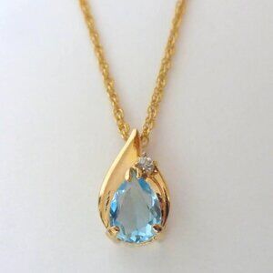 Gold Plated Aqua Blue Teardrop and Crystal Necklace w/18” Chain